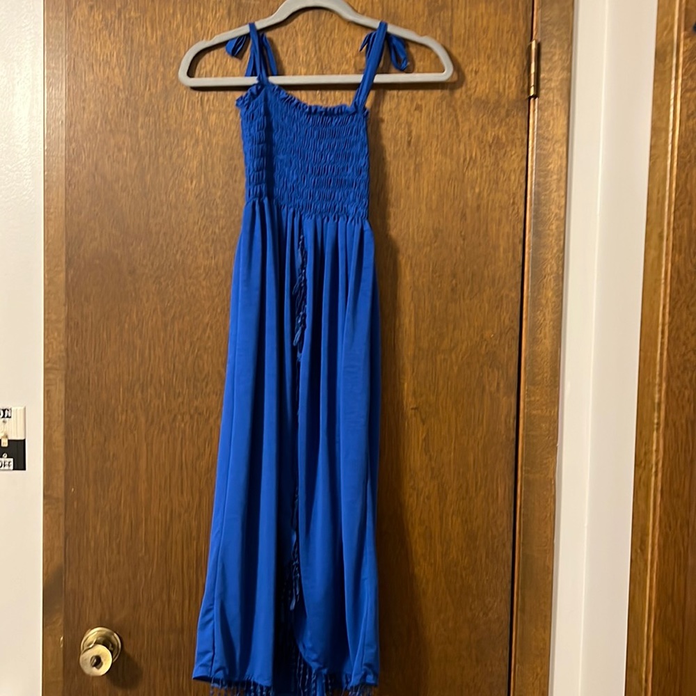 Royal blue jumper dress.